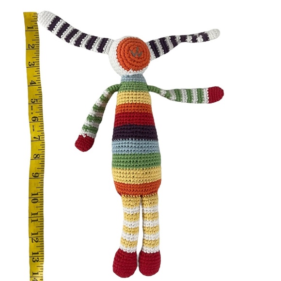Pebble Handmade Crochet Bunny Rattle Toy Rainbow Stripes  12” Plush Doll - Picture 7 of 8